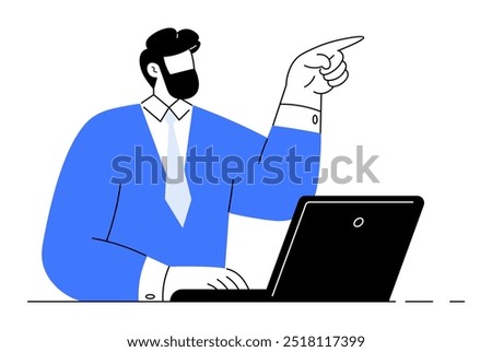 Person in a blue shirt working on a laptop. Hand raised pointing forward. Simple, modern line art style. Ideal for business, technology, productivity, remote work, office environment, presentations.