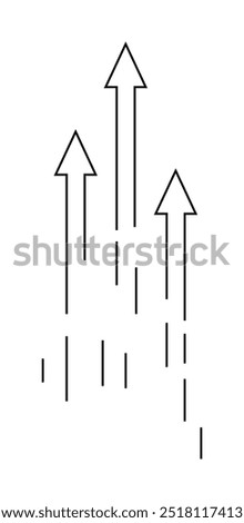 Three black arrows point upwards with dashed lines underneath. Ideal for growth, progress, success, upward movement, business advancement. Simple, minimal, black and white vector style.