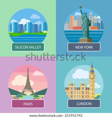 Big Ben and Westminster Bridge, London, UK. Office building in Silicon Valley. Statue of Liberty, New York City. Eiffel tower, Paris. France. Posters concept in cartoon style with text