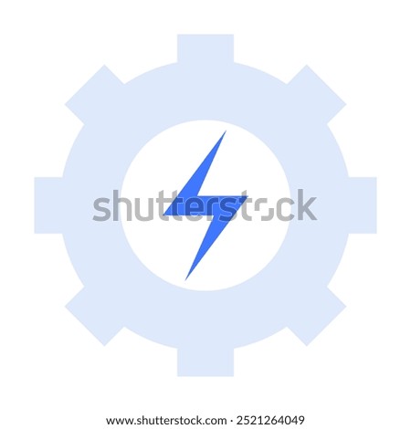 A gear cogwheel with a blue electric bolt in the center. Ideal for energy industry, power, machinery, engineering, and technology. Simple and modern style.