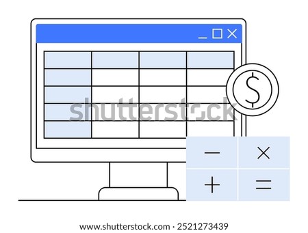 Desktop screen with a spreadsheet, a calculator, and a currency symbol. Ideal for finance, budgeting, accounting, data analysis, and business management tasks. Clean, minimalistic vector style.