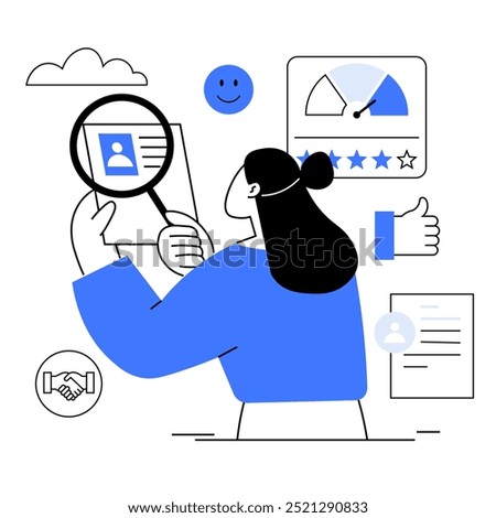 A person holding a resume with various business-related icons, such as a performance gauge, handshake, and approval thumbs-up. Ideal for human resources, job recruitment, employee evaluation