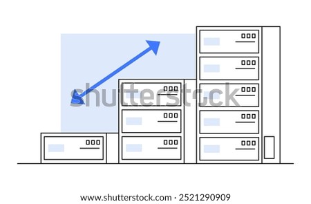 Servers of various sizes arranged horizontally with an upward, right-facing arrow in the background. Ideal for technological infrastructure growth expansion scalability data management modern server