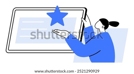 Person pointing to a star on a tablet screen. Ideal for education, achievement, digital learning, recognition, awards. Simple, clean vector.