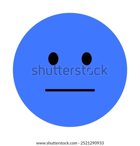 A simple blue circle with black dot eyes and a straight line mouth symbolizes a neutral or indifferent face. Ideal for expressing calm emotions, simplicity, emojis, digital communication, and