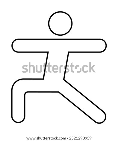 A simple black outline of a person performing a yoga warrior pose. Ideal for yoga, fitness, wellness, health, and mindfulness themes. Clean lines and minimalist style.