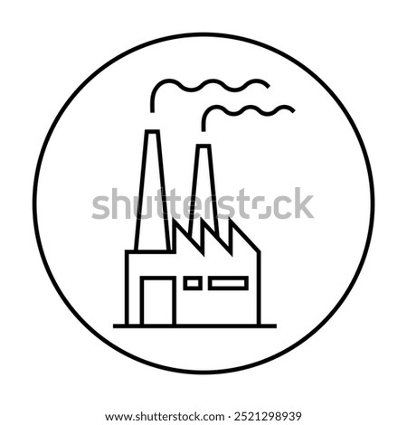 A minimalistic factory building emits smoke from two stacks. Surrounded by a circular border. Ideal for industrial, manufacturing, pollution, environmental impact, energy production themes. Clean