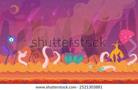 A vibrant and surreal alien landscape filled with unusual plants, creatures with tentacles, and floating elements in a mix of purple, pink, and orange hues. Ideal for fantasy themes, sci-fi settings