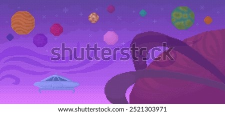 An alien spaceship navigates a vibrant galaxy filled with multi-colored planets and swirling cosmic patterns. Retro pixel art style evokes a sense of nostalgia. Ideal for sci-fi, space exploration