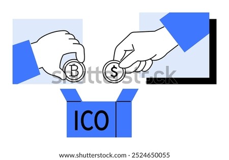 Two hands holding cryptocurrency coins Bitcoin and USD are dropping them into a box marked ICO . Ideal for blockchain, cryptocurrency, investment, ICO, and fintech themes. Simple modern vector