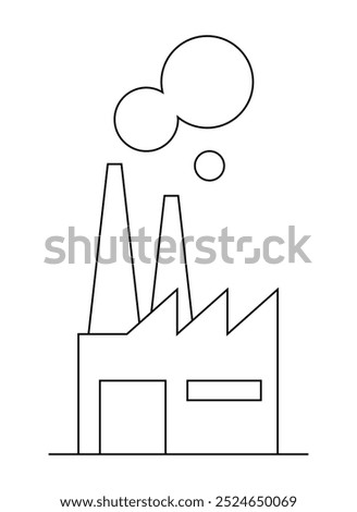 A factory building has two tall chimneys releasing smoke. The simple line design highlights industrial themes. Ideal for industry, pollution, manufacturing, environment, and sustainability