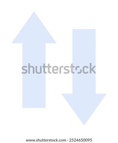 Two arrows, one pointing up and the other pointing down, indicating direction or movement. Ideal for navigation, decision-making, data trends, stock market, business strategies. Simple vector style.