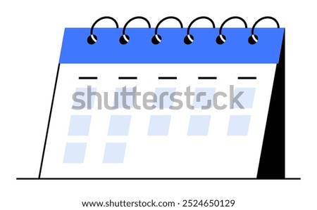 A minimalist, spiral-bound desk calendar with a blue header and white pages. Ideal for scheduling, time management, planning, appointments, and event tracking. Simple vector style.