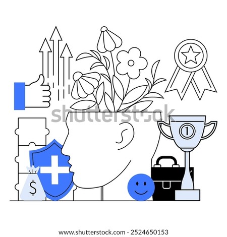 A head filled with flowers symbolizing growth and well-being. Surrounding it are icons like a thumbs-up, arrows, a trophy, a shield, a briefcase and a money bag. Ideal for mental health, personal