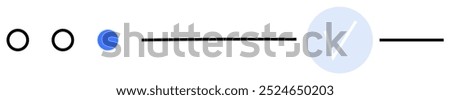 Progress tracker with three outlined circles, the second being filled with blue, connected to a line ending in a checkmark in a blue circle. Ideal for workflow, project tracking, task management, dead
