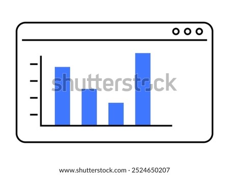 Simple bar graph with blue bars within browser window outline. Three bars of varying heights against white background. Ideal for data analytics, business presentations, statistics, finance, web design