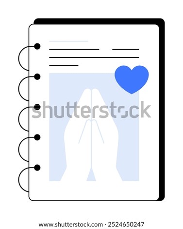 Ring-bound notebook with hands praying and a blue heart. Ideal for religious themes, spirituality, faith, meditation, and devotional studies. Simple, clean, modern.