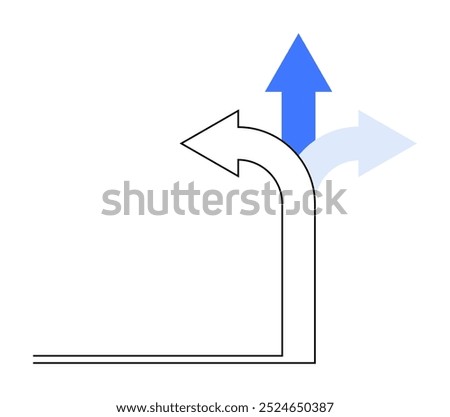 Three arrows intersect, offering choices in different directions. Solid black turns left, while blue and light blue point forward. Ideal for business, strategy, decision-making, navigation