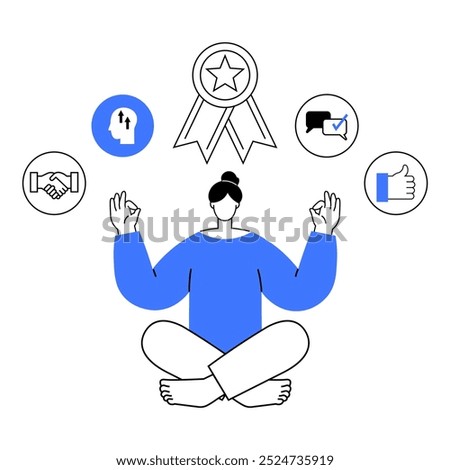 A human figure meditates in a cross-legged position surrounded by icons like a handshake, a brain with arrows, a star in a ribbon, a chat bubble, and a thumbs up. Ideal for mindfulness, business