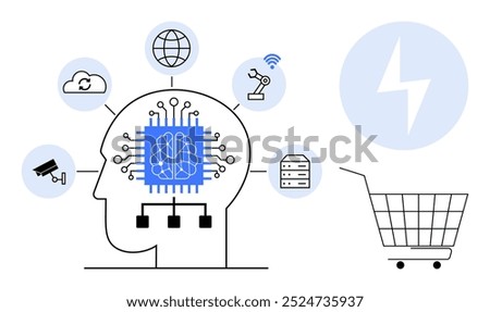 Human brain as a technological circuit connected to icons representing cloud computing, internet, robotics, data storage, and shopping cart. Ideal for AI, machine learning, technology, innovation