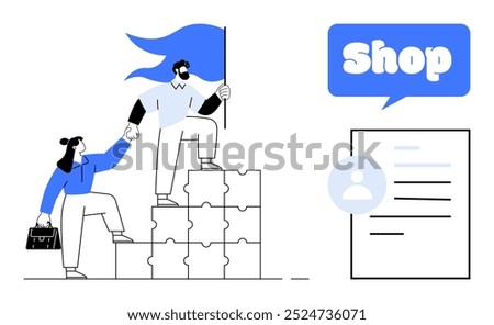 Two people, one holding a flag and the other a briefcase, standing on puzzle blocks, beside a shop sign and a profile card. Ideal for teamwork, business growth, shop management, success, leadership