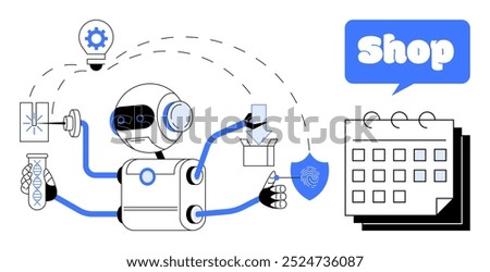 Robot with multiple arms performing tasks like innovation, shopping, delivery, and planning. Ideal for artificial intelligence, e-commerce, automation, productivity, and multitasking themes