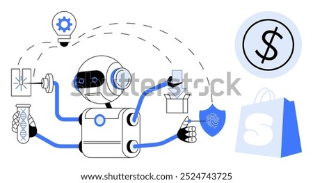 A multiarms robot performs various tasks such as light bulb creativity, genetic science, delivery, security fingerprint, finance money, and shopping. Ideal for technology, innovation, security