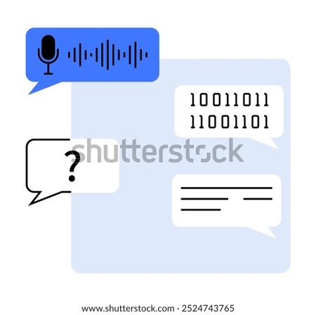 Multiple chat bubbles, one with a microphone icon and another with binary code, representing digital communication and AI. Ideal for technology, artificial intelligence, communication, data