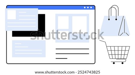 A webpage layout showcases various sections, accompanied by shopping cart and bag icons. Ideal for eCommerce, web design, online shopping, UI UX design, and digital marketing. Simple and clean style