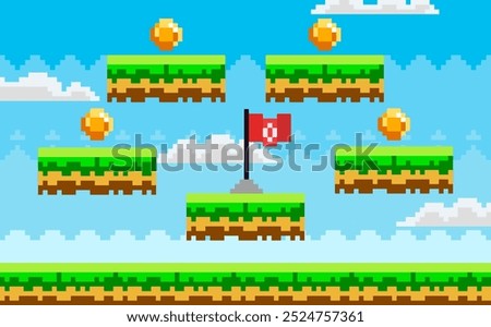 Pixel art scene with floating platforms, a red flag on the center platform, and scattered gold coins. Ideal for video games, arcade design, retro themes, game development, and digital art. Colourful