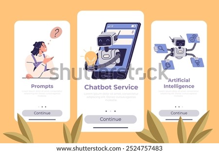 Three panels display a woman thinking about prompts, a chatbot emerging from a smartphone, and a robot managing various tasks. Ideal for tech, AI, chatbots, digital services, user assistance. Flat