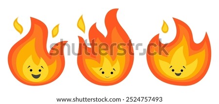 Three cute flame characters with happy faces in various expressions and poses. Ideal for kids themes, fire safety education, animations, and playful designs. Bright and cheerful style