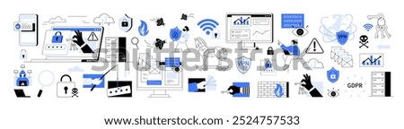 Numerous cybersecurity icons depicting data protection, secure connections, privacy, hacking threats, and compliance measures. Ideal for digital security, cyber threats, data privacy, internet malware