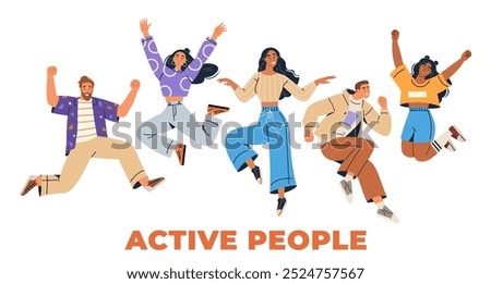 A group of five diverse people jumping in joy. Ideal for themes of celebration, diversity, unity, energy, and positivity. Modern, vibrant, dynamic