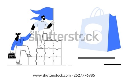 Two figures collaborate by climbing on puzzle pieces, holding a flag and briefcase, symbolizing teamwork and achievement. A blue shopping bag with an S highlights e-commerce. Ideal for business