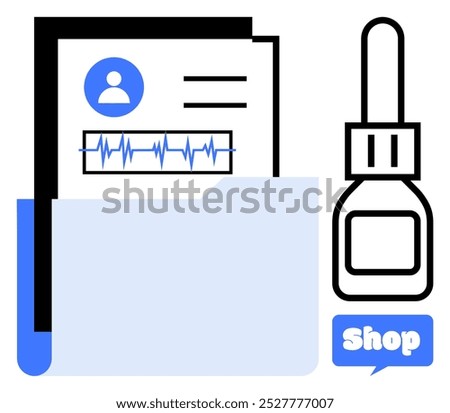 A medical records folder with documents and a heartbeat graph next to a medicine bottle and a shop sign. Ideal for healthcare, medical services, pharmaceuticals, online pharmacies, and health records