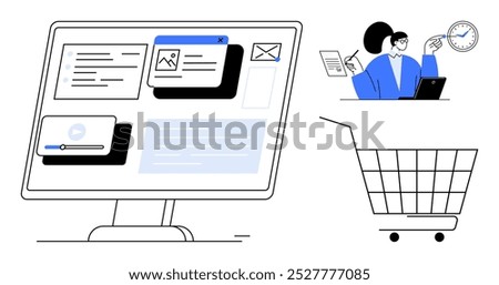 A person using a desktop computer surrounded by various interface elements like emails videos and images. Also includes a shopping cart and a clock. Ideal for remote work e-commerce time management