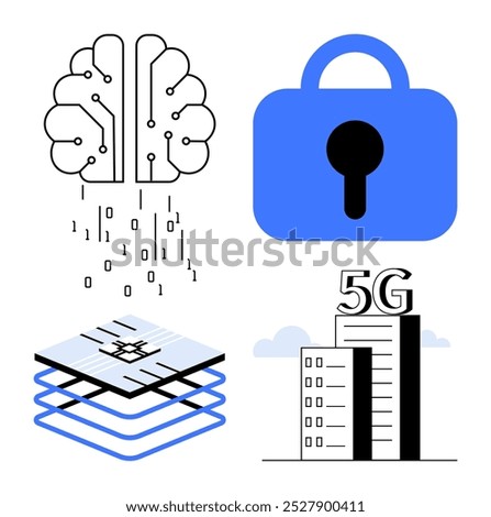 Visual includes a brain-like maze, a blue lock, a layered circuit, and buildings marked with 5G. Ideal for technology, artificial intelligence, data security, digital communication, and smart city