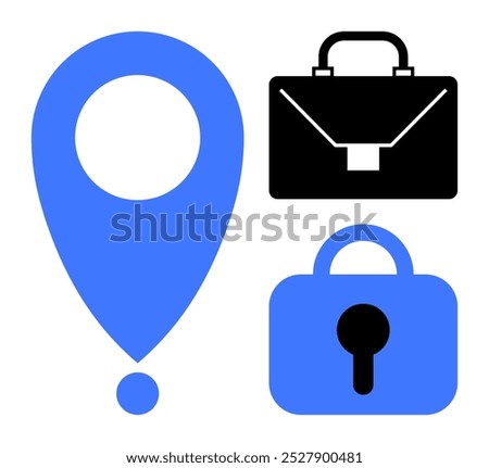 A blue location pin, a black briefcase, and a blue security lock icon. Ideal for business travel, workplace security, location services, office themes, and corporate identity. Flat minimalistic style