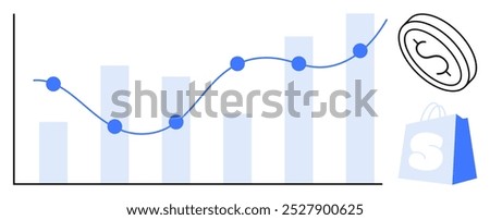 Blue bars of varying heights and a line graph showing an upward trend. A shopping bag with a dollar sign and a coin are visible. Ideal for business, finance, shopping, growth, economics