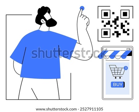 A person in blue taps a blue button with icons of a shopping cart and a QR code around, indicating online purchases. Ideal for e-commerce, digital payment, online store, QR code technology, app