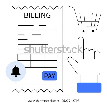 Vector of a billing receipt, notification bell, and finger tapping pay button next to a shopping cart. Ideal for e-commerce, online payments, shopping, notifications, and user interface design