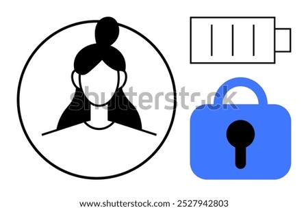 Minimalist design of a womans face inside a circle with a full battery icon and a blue lock. Ideal for security, privacy, identity, technology, and modern design themes. Simple and modern style