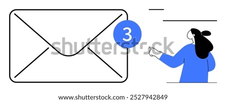 Large envelope with number three notification on its top right corner. Woman with black hair in blue clothing is pointing at the envelope. Ideal for email alerts, communication apps, digital