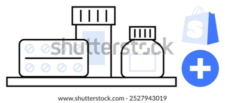 Three containers with pills and medicine, a shopping bag with an S and a plus symbol in blue. Ideal for online pharmacies, e-commerce, digital health, telemedicine, medical supplies. Simple, clean