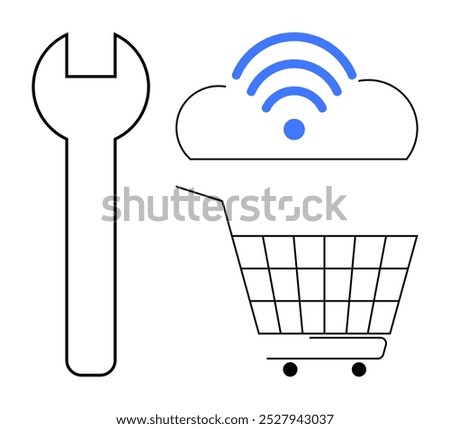 A shopping cart, wrench, and cloud with a network signal icon represent online shopping and tech support. Ideal for e-commerce, digital solutions, tech support, cloud services, and shopping tools