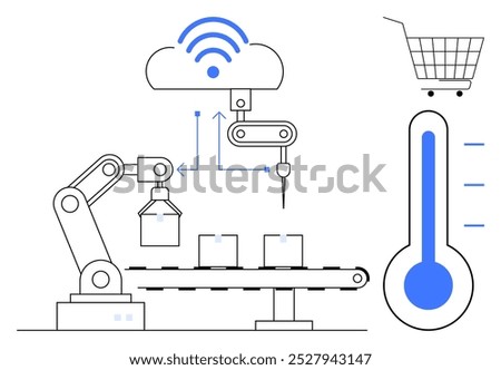 Factory robotic arm on a conveyor with data symbols cloud and WiFi thermometers. Ideal for Industry 4.0 manufacturing automation IoT smart factories technology logistics and supply chain systems