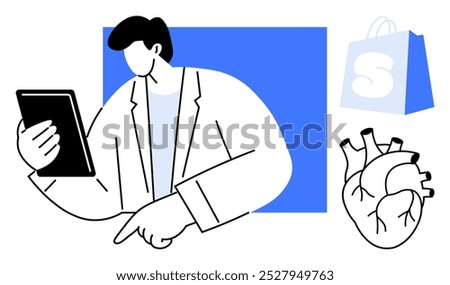 Man holding a tablet, next to a medical heart diagram and a shopping bag. Ideal for healthcare technology, online shopping, telemedicine, digital marketing, virtual consultations. Simple, modern