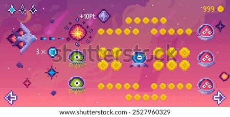 A spaceship firing at alien creatures with pixel graphics. Alien and coin sprites fill a vibrant setting with cosmic objects and score indicators. Ideal for retro games, alien invasion, space