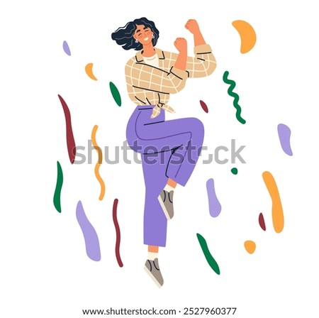 Celebration concept. Woman dancing energetically with colorful confetti around her, wearing a checkered shirt and purple pants. Ideal for parties, festivals, joyful events, lifestyle promotions